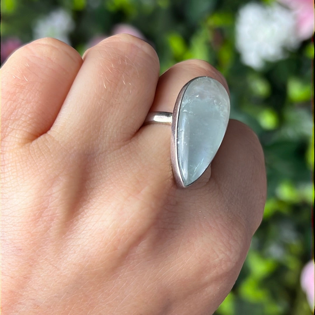 Aquatine Lemurian Calcite 925 Sterling Silver Ring -  Size P 1/2