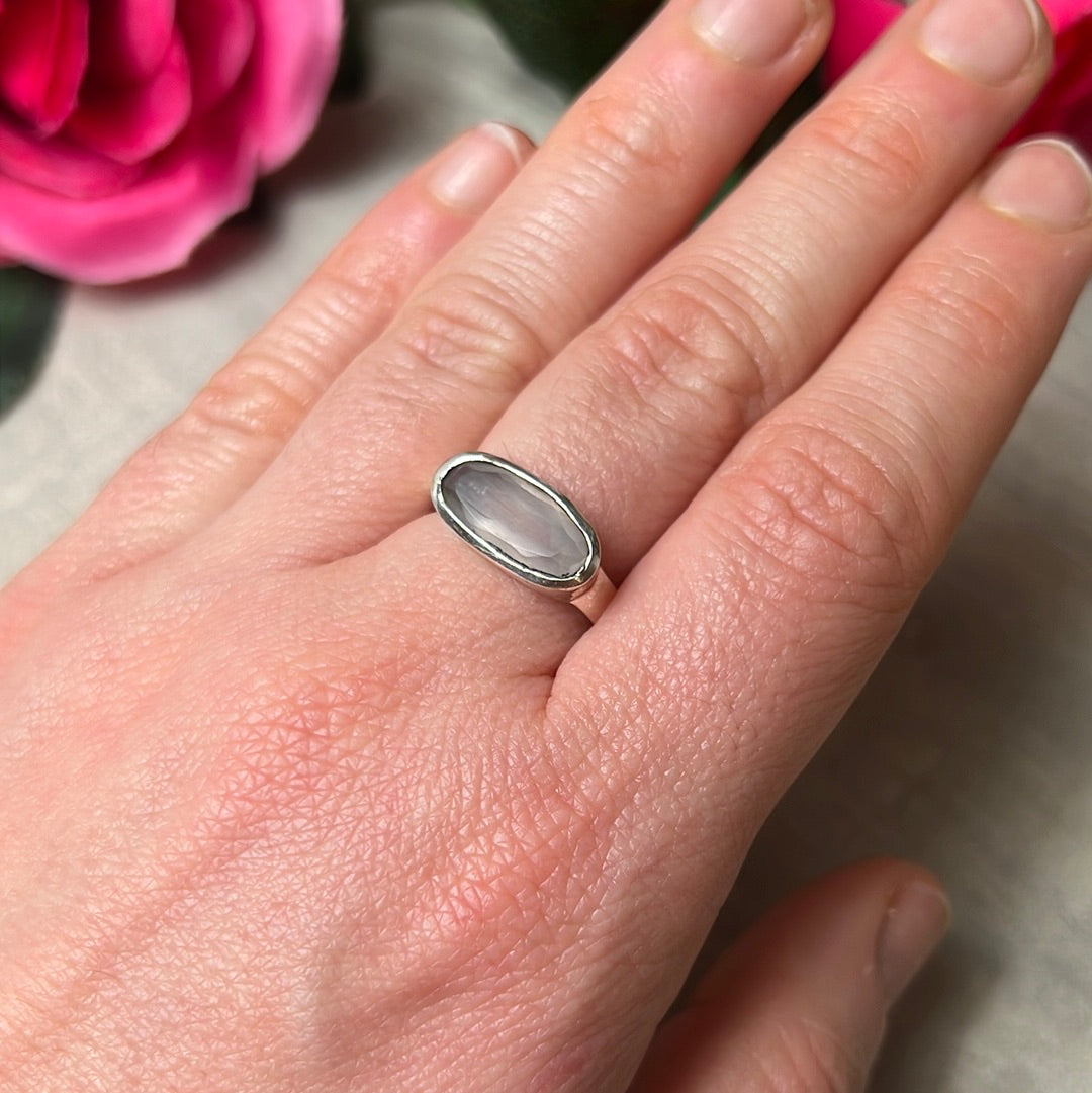 Rose Quartz Facet Bar 925 Sterling Silver Ring - Size P 1/2- Q