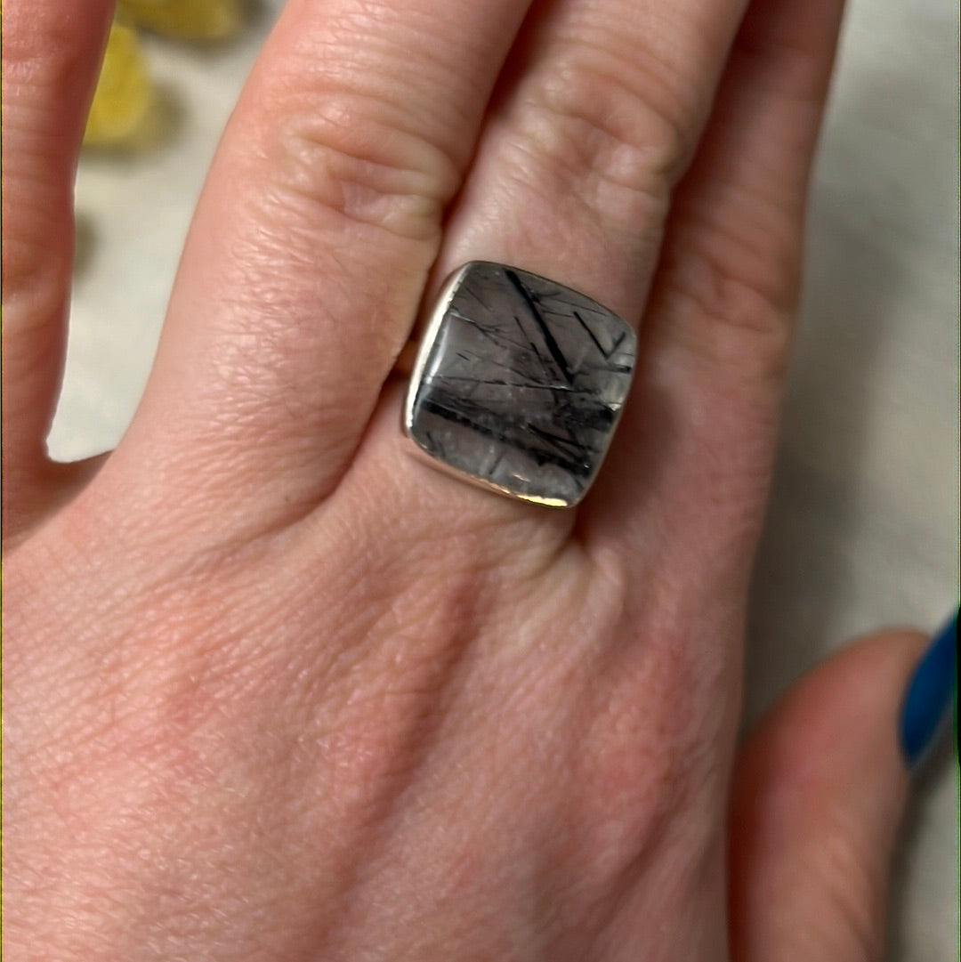 Rutile Tourmaline in Quartz AA GRADE 925 Silver Ring - Size M