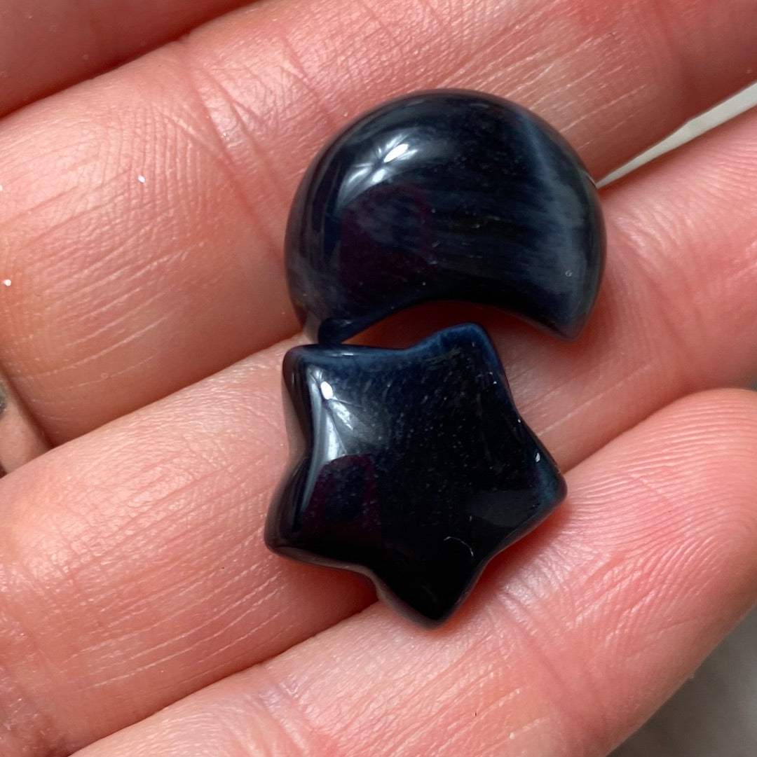 Hawks Eye - Blue Tigers Eye - Mini Moon Star Pair