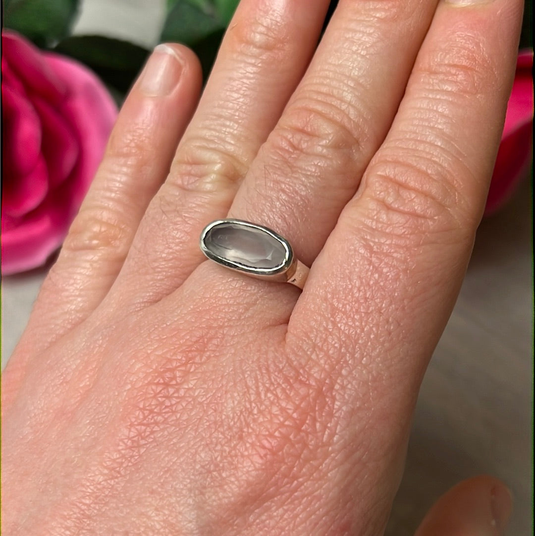 Rose Quartz Facet Bar 925 Sterling Silver Ring - Size P 1/2- Q