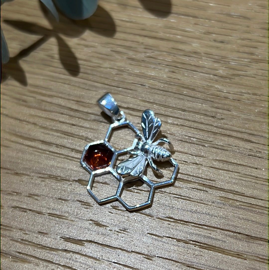 Amber Bee Honeycomb 925 Sterling Silver Pendant