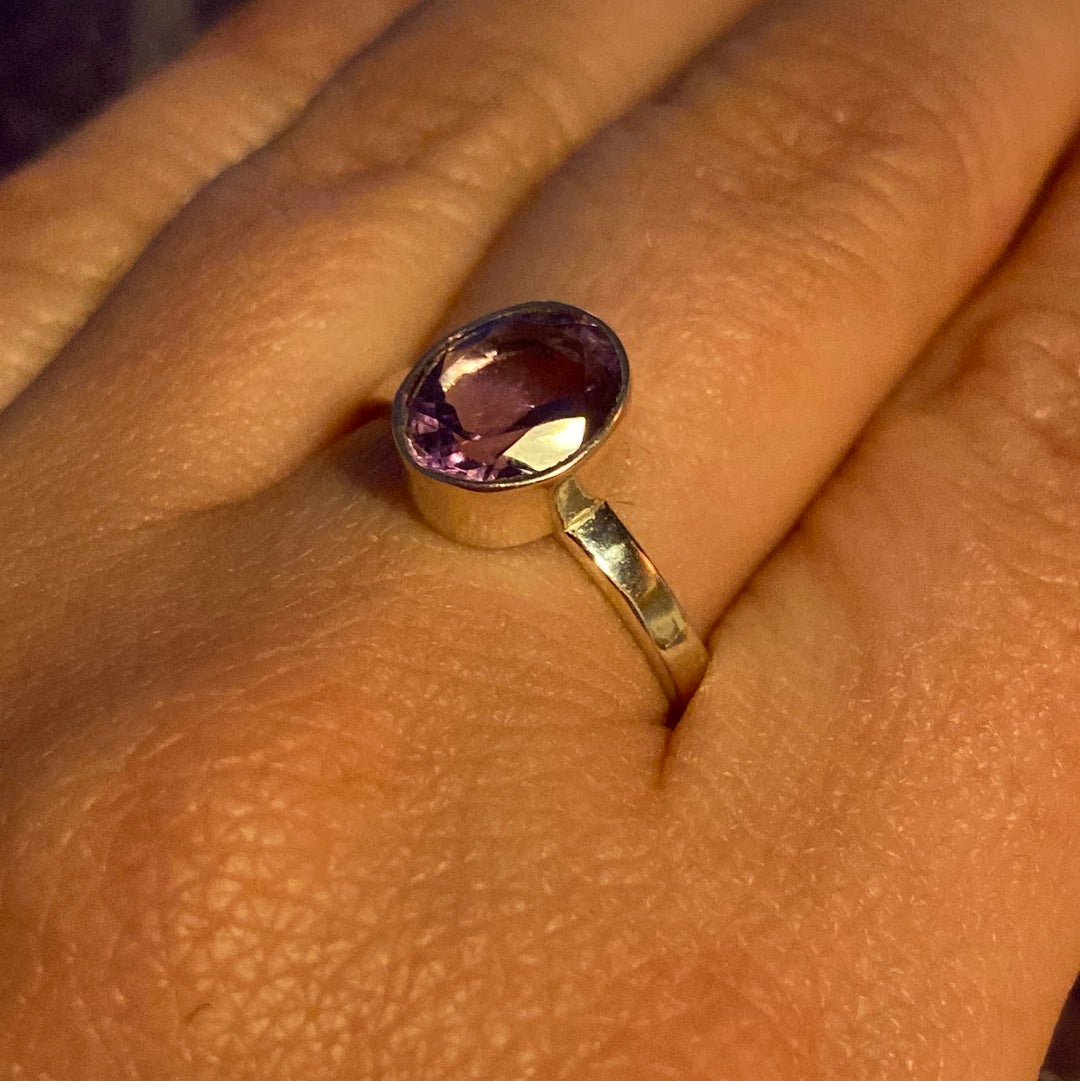Amethyst Facet 925 Sterling Silver Ring - Size R 1/2
