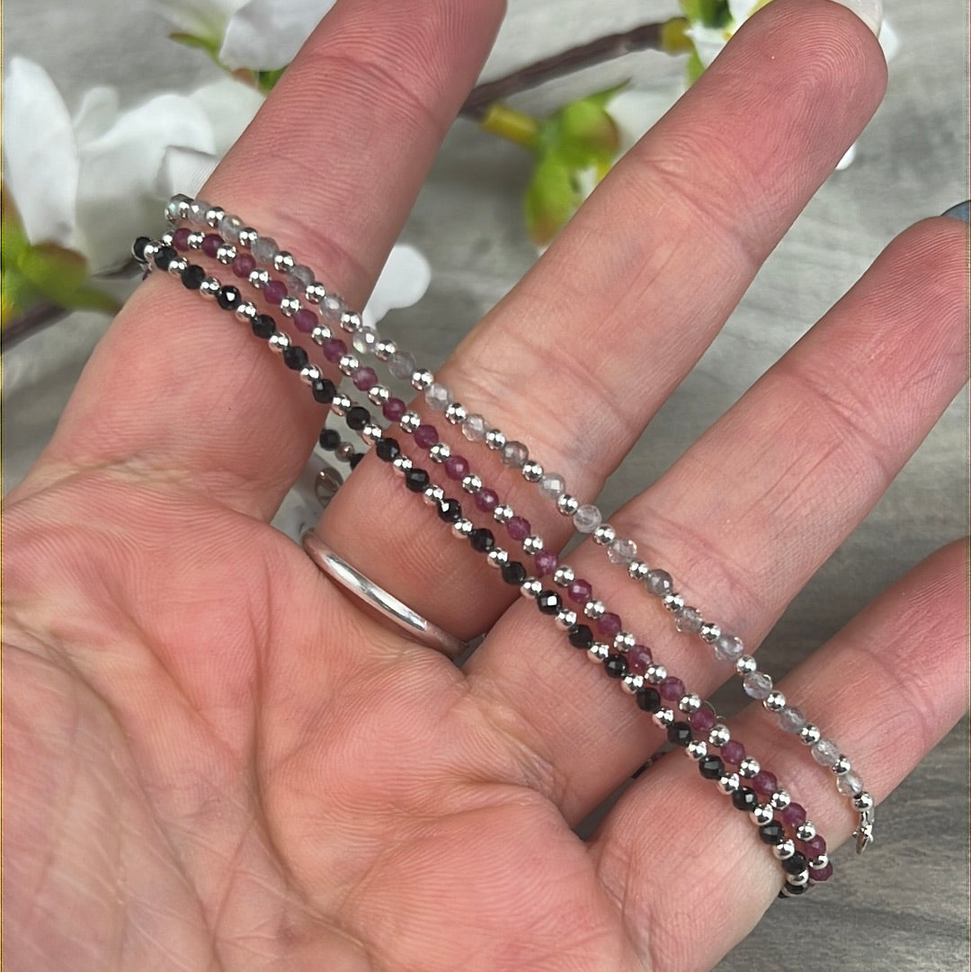 Alternating Crystal & Sterling 925 Silver Bead - Adjustable Bracelet