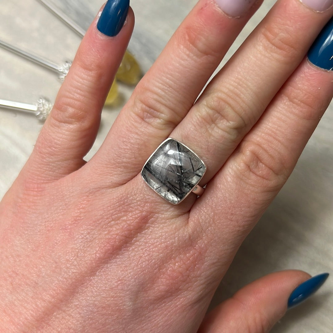 Rutile Tourmaline in Quartz AA GRADE 925 Silver Ring - Size M