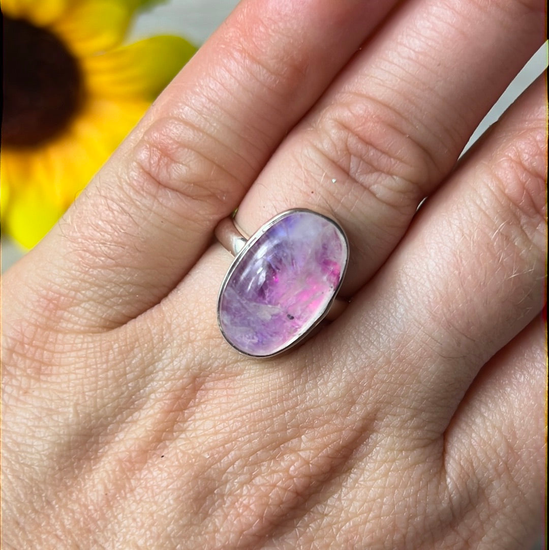 Pink Moonstone 925 Silver Ring - Size L 1/2