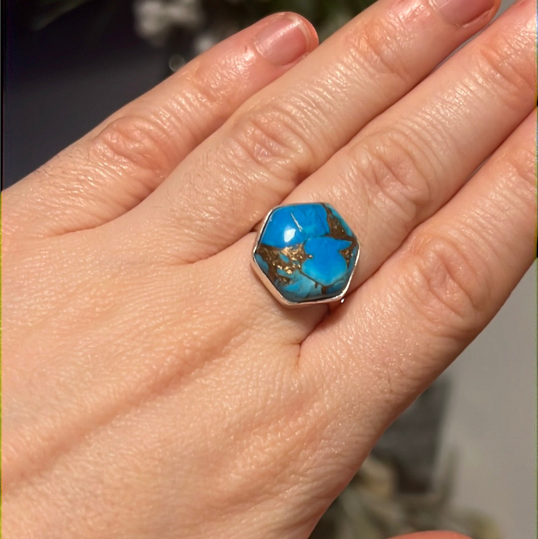 Copper Turquoise 925 Sterling Silver Ring -  Size M - M 1/2