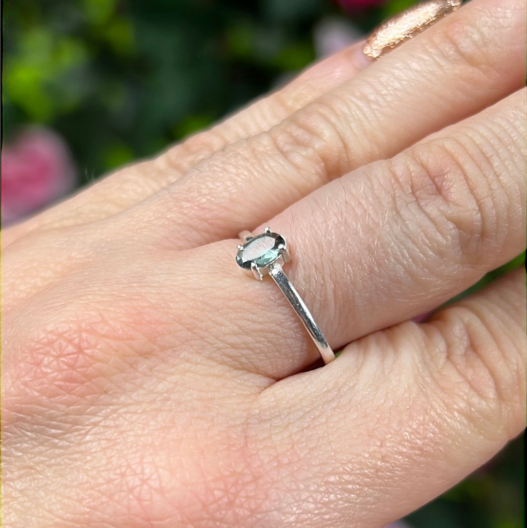 Blue Tourmaline Facet 925 Silver Ring - Size S 1/2