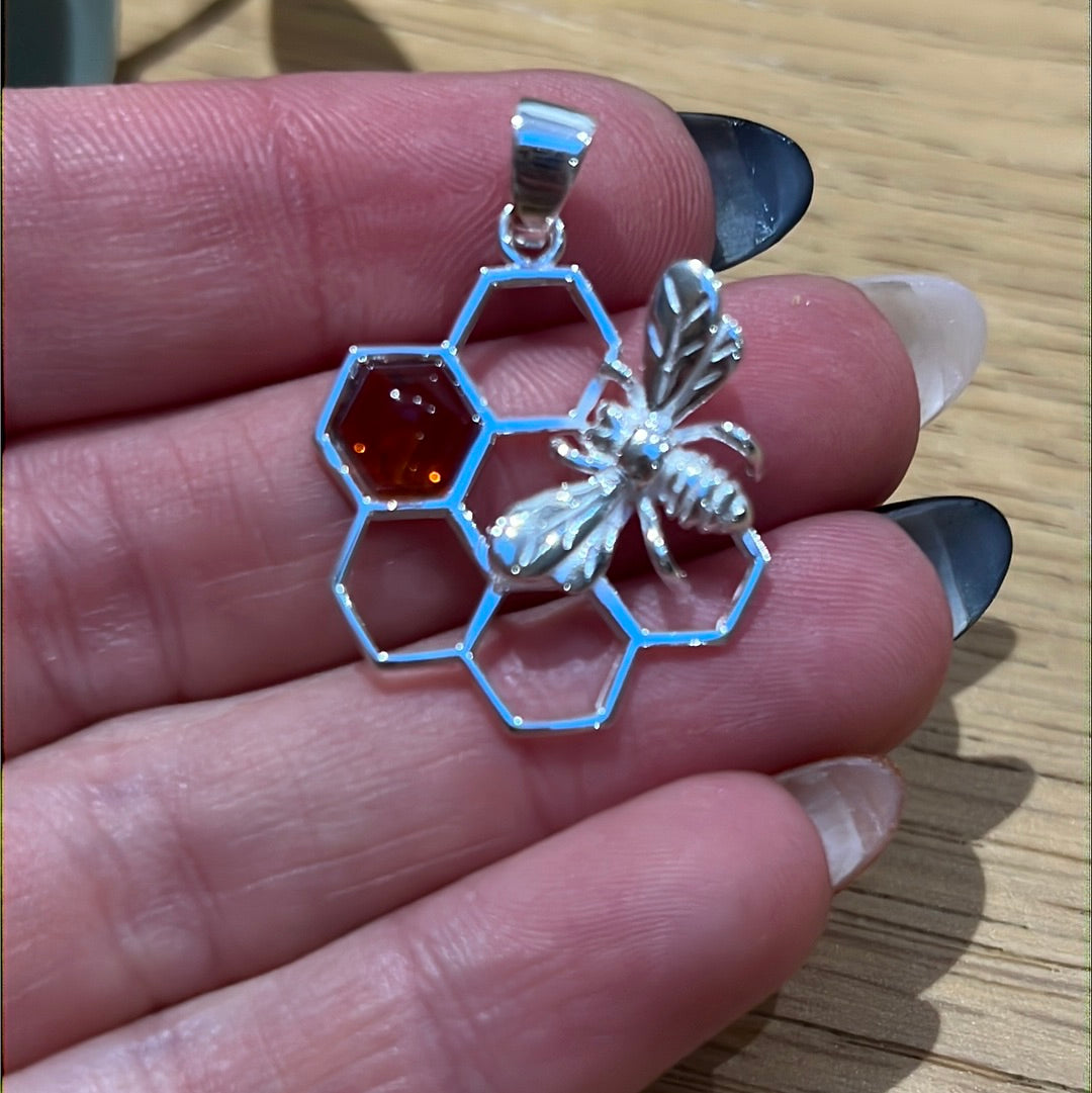 Amber Bee Honeycomb 925 Sterling Silver Pendant