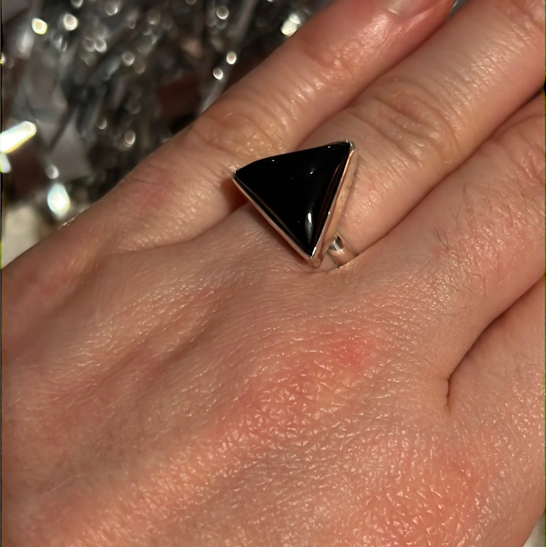 Black Onyx Triangle 925 Silver Ring -  Size L 1/2