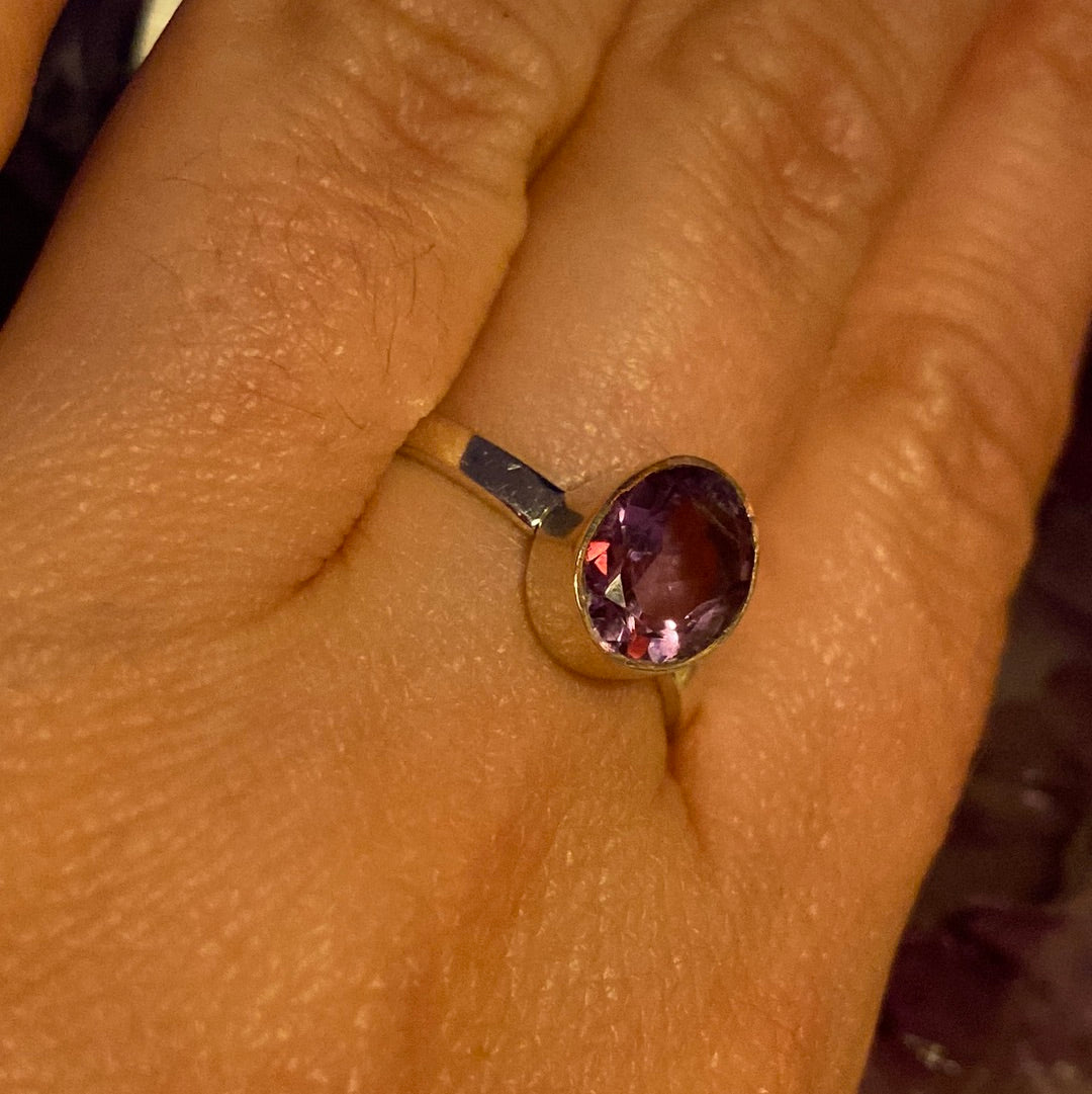 Amethyst Facet 925 Sterling Silver Ring - Size R 1/2