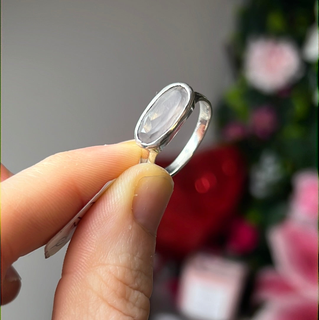 Rose Quartz Facet Bar 925 Sterling Silver Ring - Size P 1/2- Q