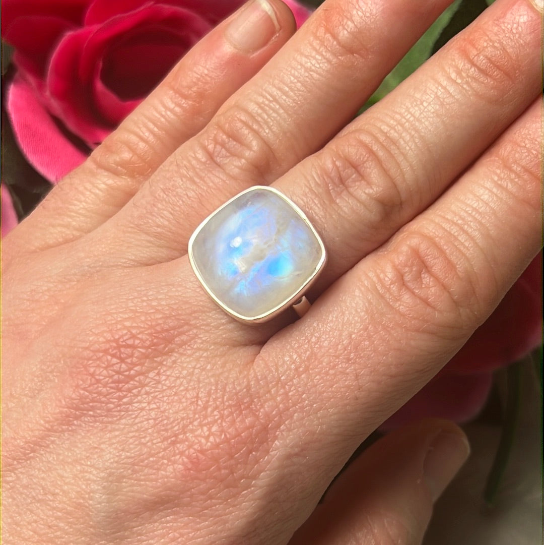 Rainbow Moonstone AA GRADE 925 Sterling Silver Ring - Size S