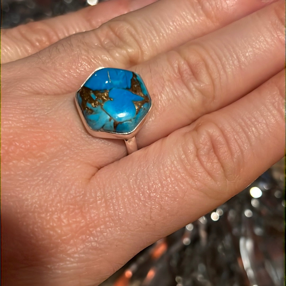 Copper Turquoise 925 Sterling Silver Ring -  Size M - M 1/2