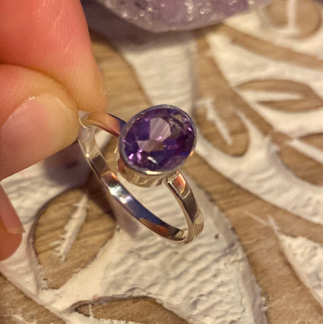 Amethyst Facet 925 Sterling Silver Ring - Size R 1/2