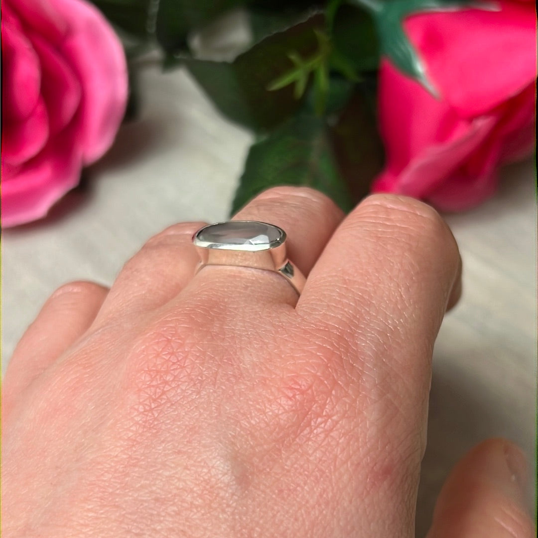 Rose Quartz Facet Bar 925 Sterling Silver Ring - Size P 1/2- Q