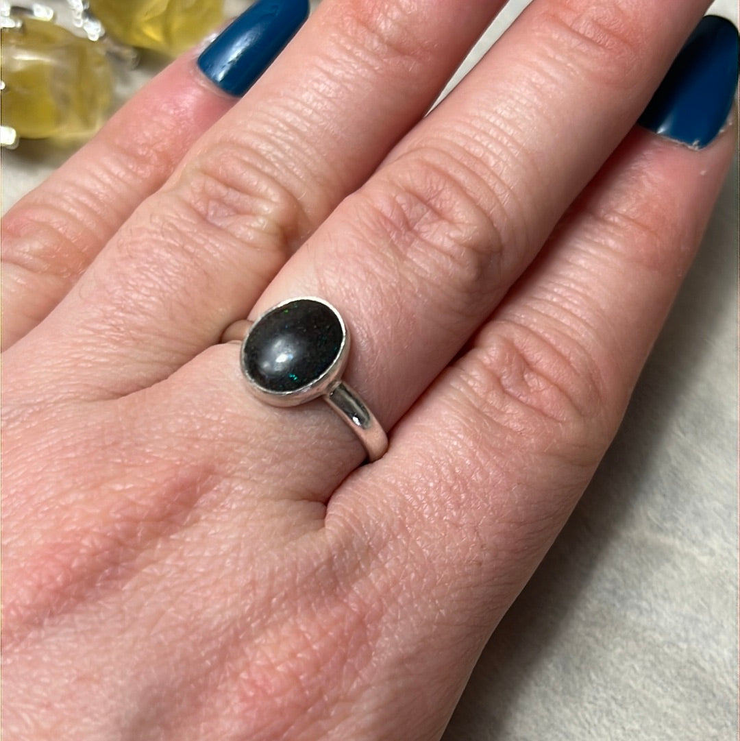 Black Opal Matrix 925 Silver Ring - Size N 1/2