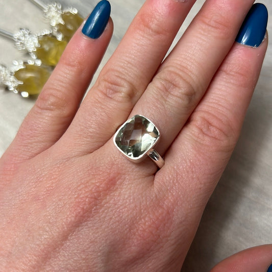 Prasolite (Green Amethyst) Facet 925 Sterling Silver Ring - Size P 1/2