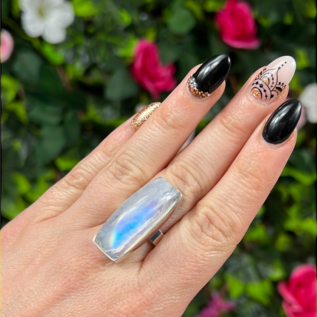 Rainbow Moonstone 925 Silver Ring -  Size T 1/2 - U