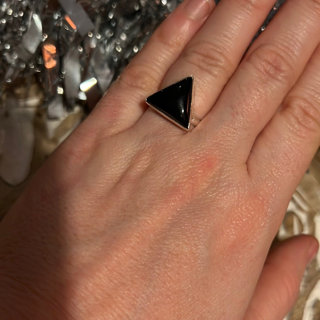 Black Onyx Triangle 925 Silver Ring -  Size L 1/2
