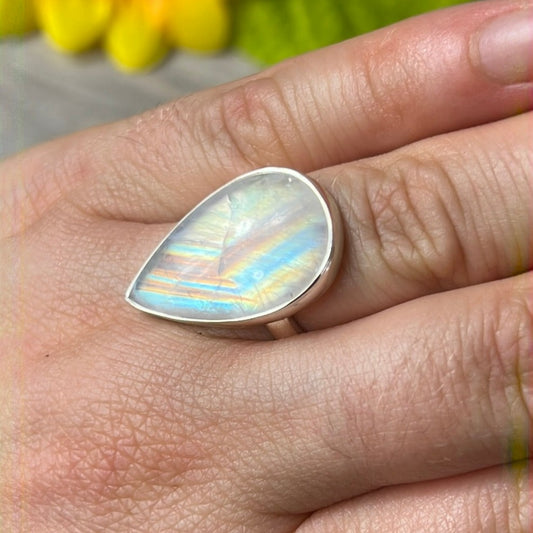 Rainbow Moonstone  AA GRADE 925 Silver Ring -  Size L 1/2