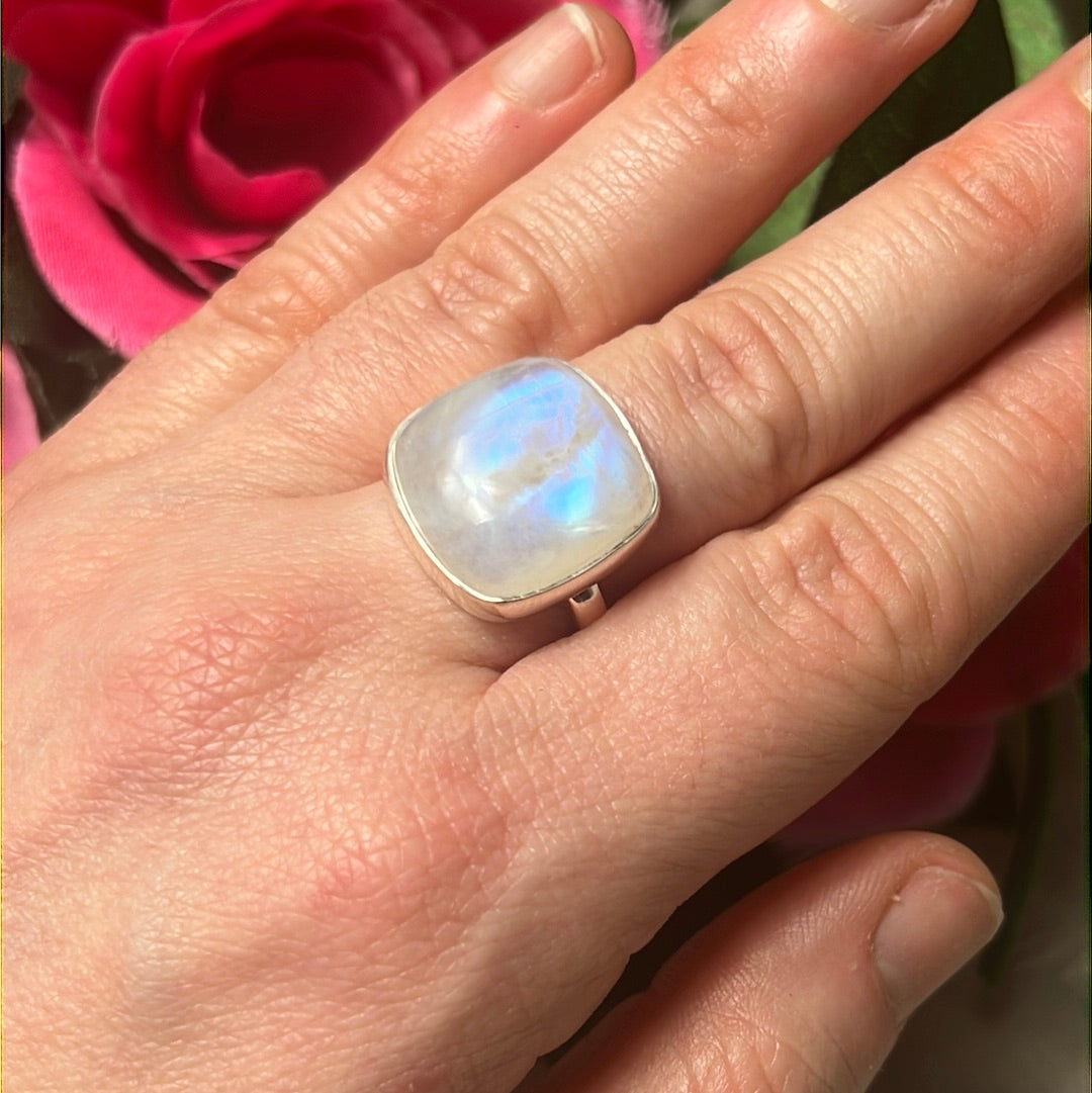 Rainbow Moonstone AA GRADE 925 Sterling Silver Ring - Size S