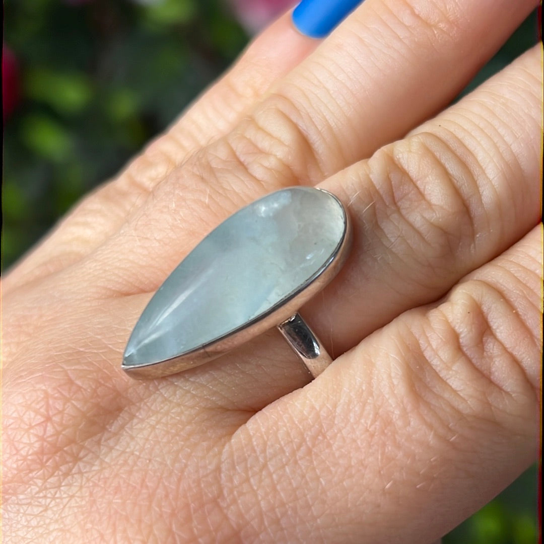 Aquatine Lemurian Calcite 925 Sterling Silver Ring -  Size P 1/2