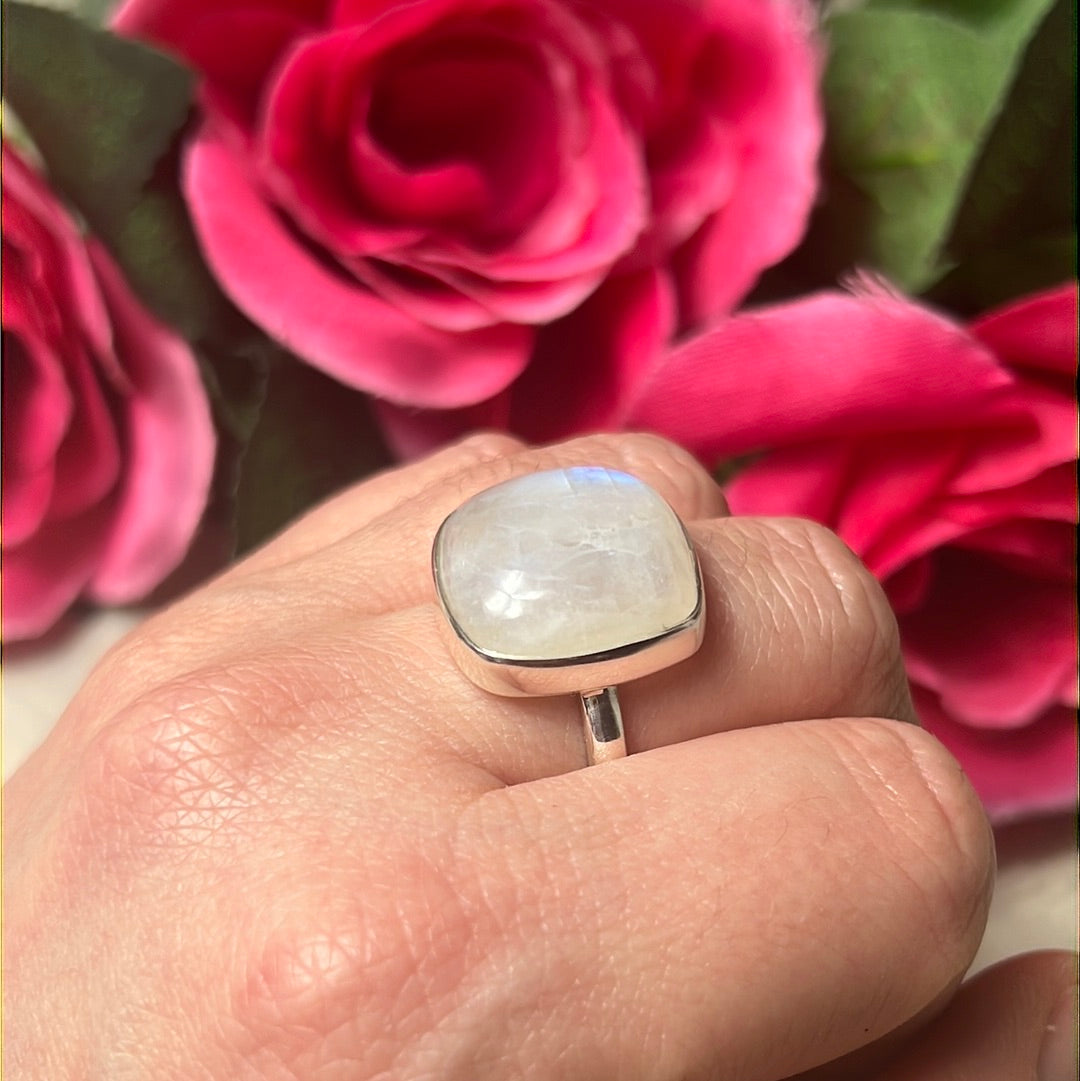 Rainbow Moonstone AA GRADE 925 Sterling Silver Ring - Size S