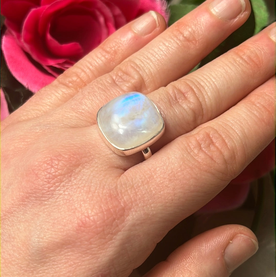 Rainbow Moonstone AA GRADE 925 Sterling Silver Ring - Size S
