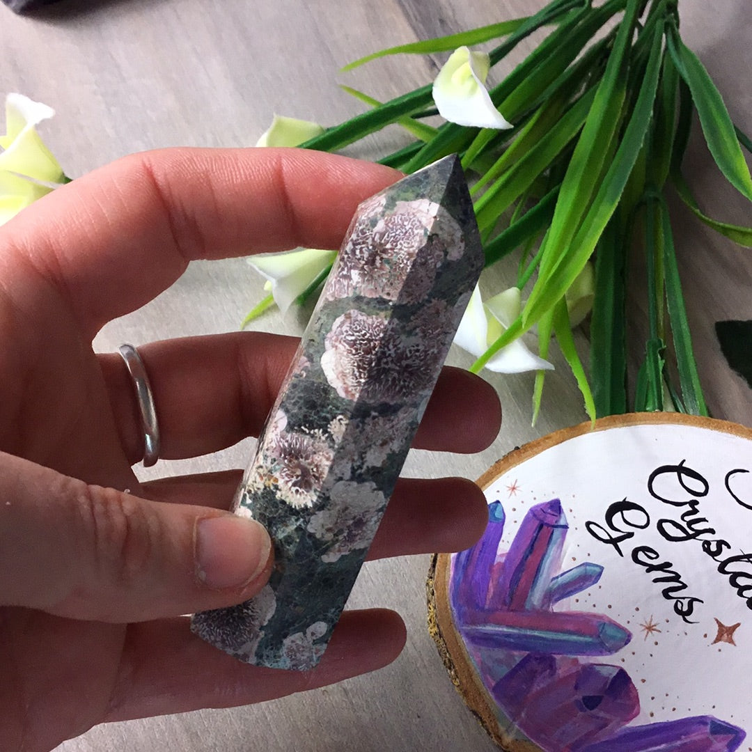 Rhyolite flowers in green African Jasper Tower