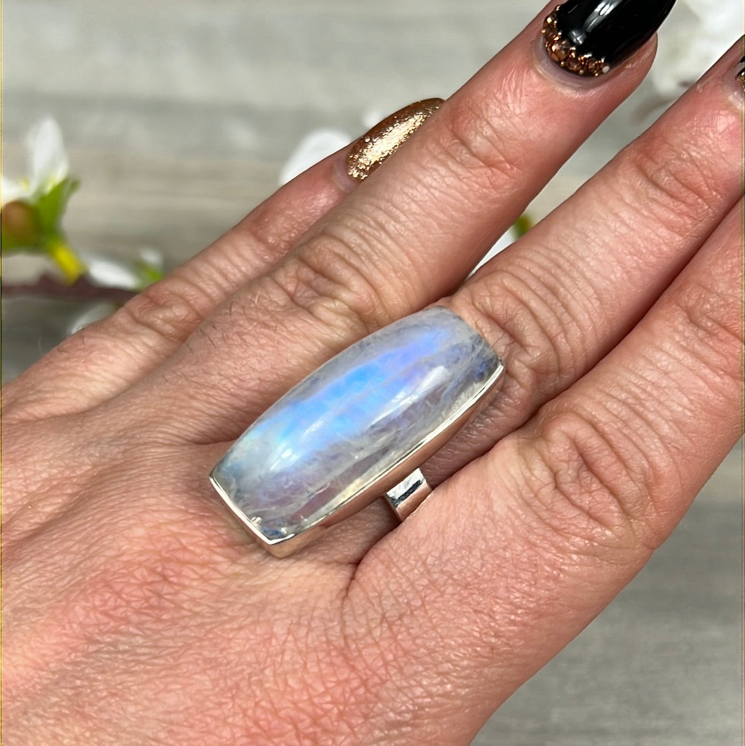 Rainbow Moonstone 925 Silver Ring -  Size T 1/2 - U