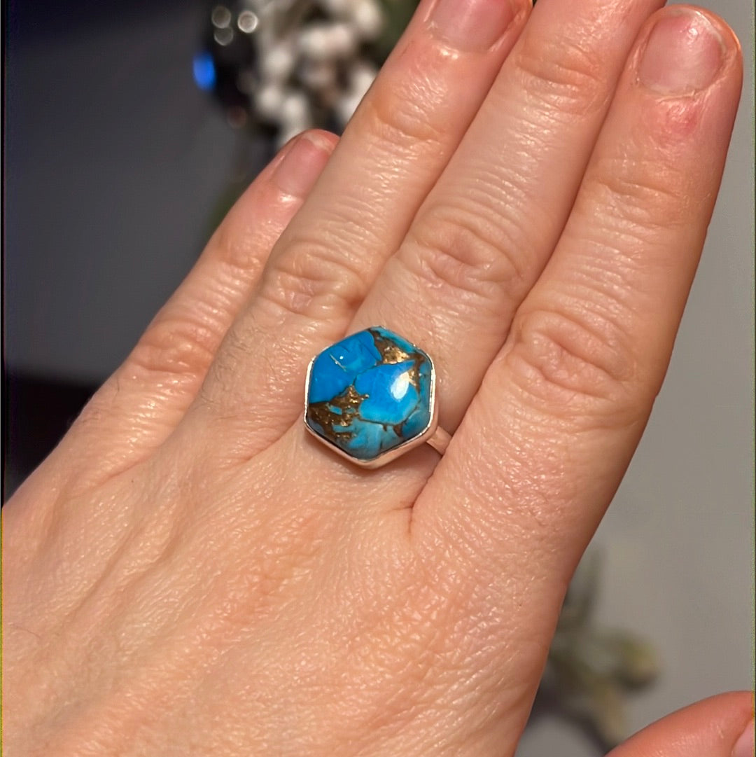 Copper Turquoise 925 Sterling Silver Ring -  Size M - M 1/2