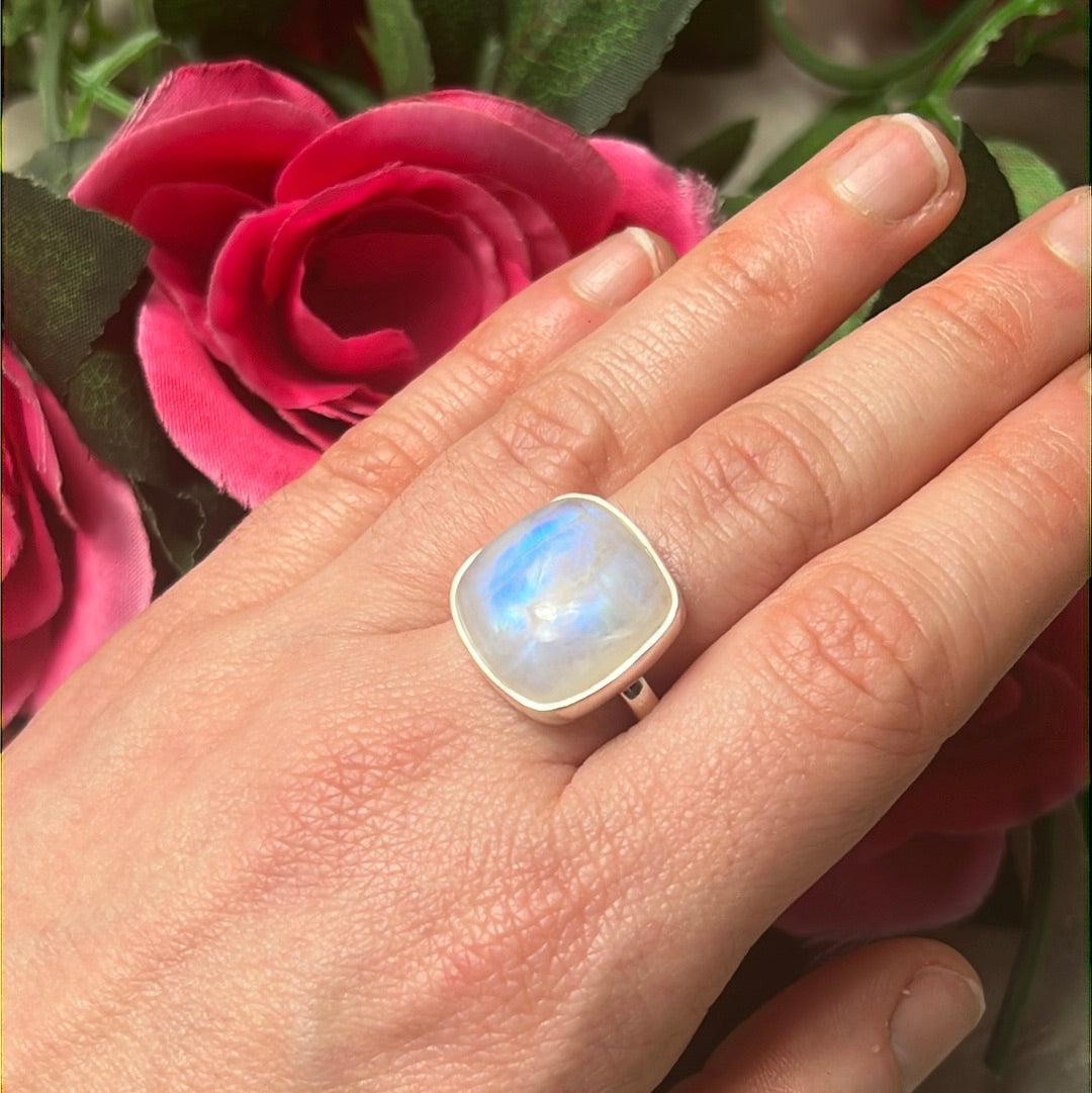 Rainbow Moonstone AA GRADE 925 Sterling Silver Ring - Size S