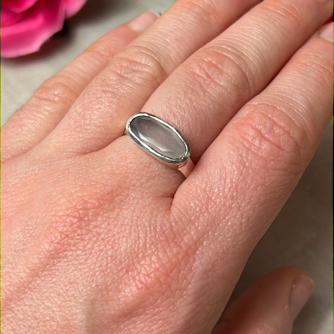 Rose Quartz Facet Bar 925 Sterling Silver Ring - Size P 1/2- Q