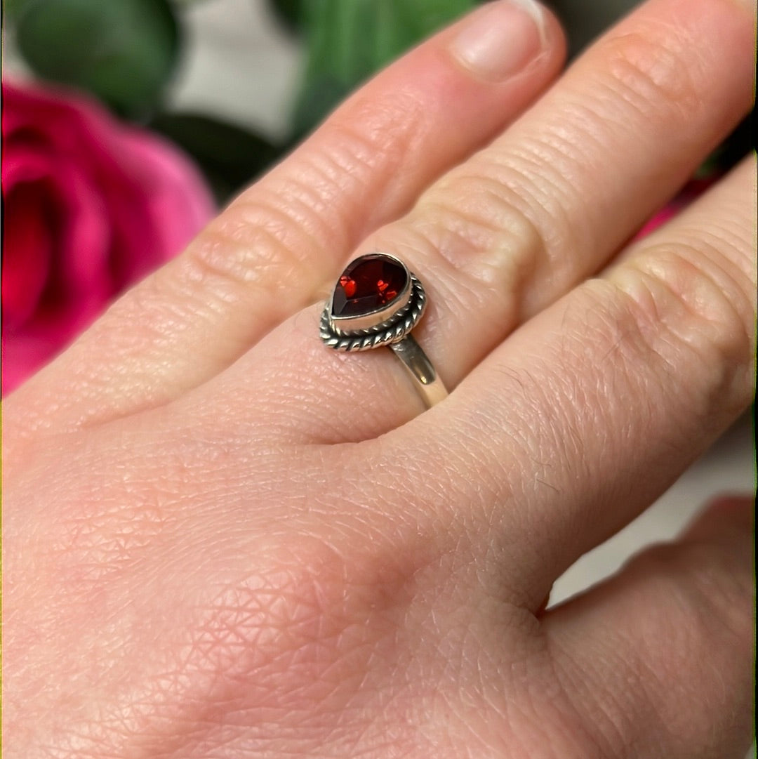 Garnet Facet 925 Silver Ring - Size L 1/2