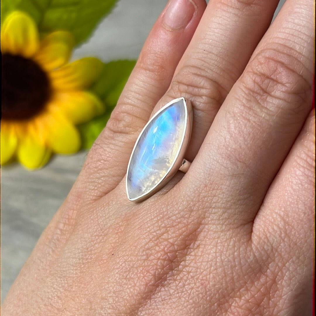 Rainbow Moonstone  AA GRADE 925 Silver Ring -  Size L 1/2