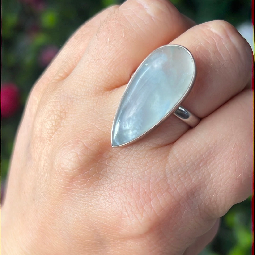 Aquatine Lemurian Calcite 925 Sterling Silver Ring -  Size P 1/2