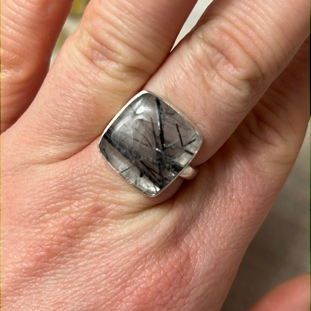 Rutile Tourmaline in Quartz AA GRADE 925 Silver Ring - Size M