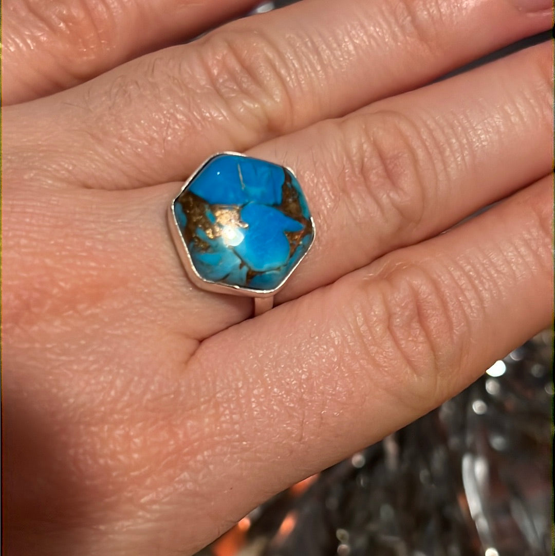 Copper Turquoise 925 Sterling Silver Ring -  Size M - M 1/2
