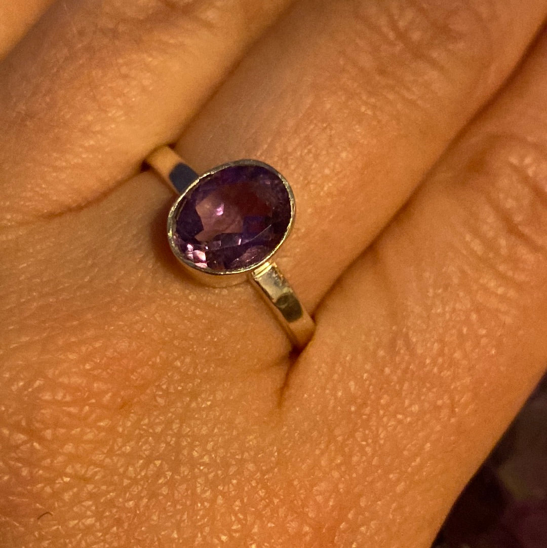 Amethyst Facet 925 Sterling Silver Ring - Size R 1/2