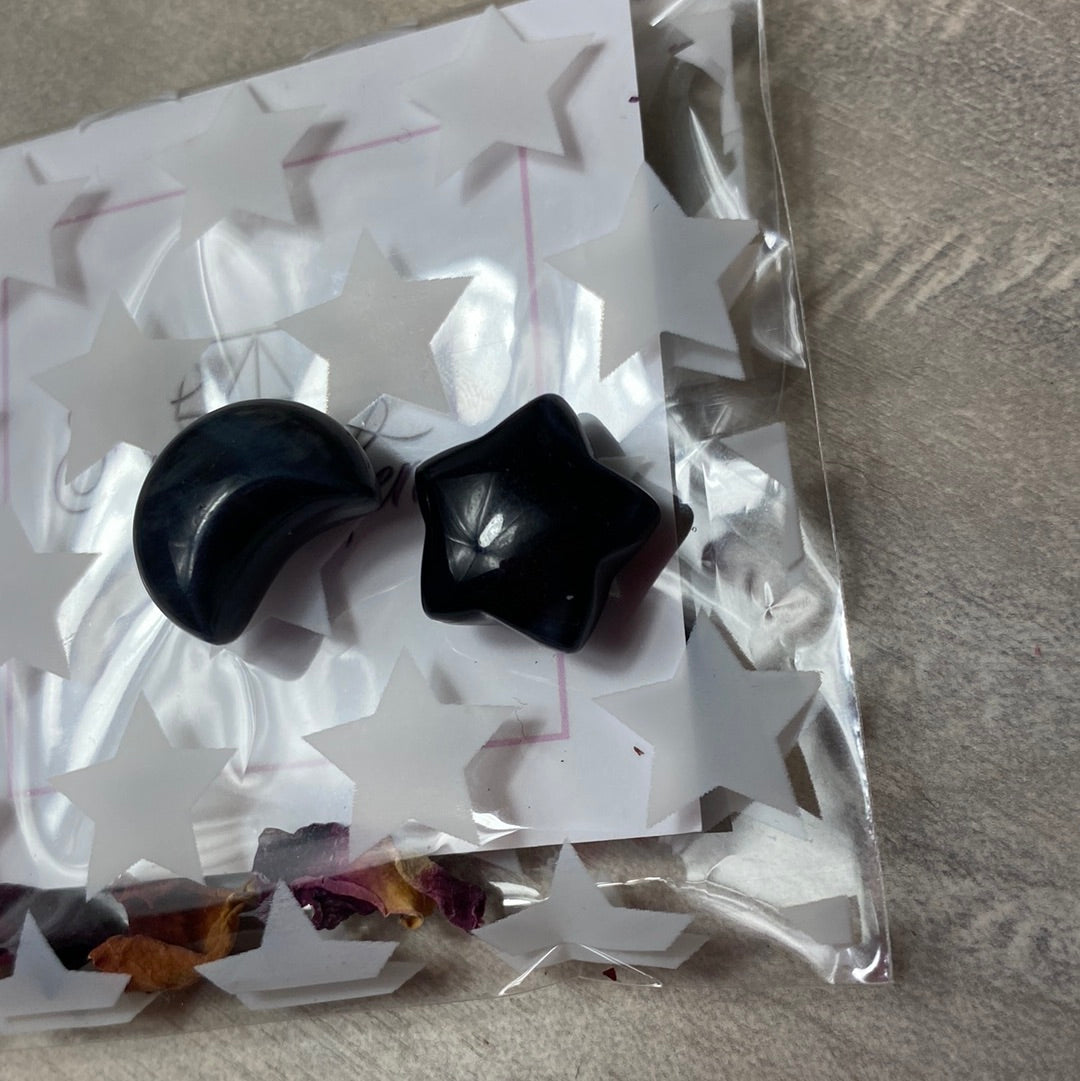 Hawks Eye - Blue Tigers Eye - Mini Moon Star Pair