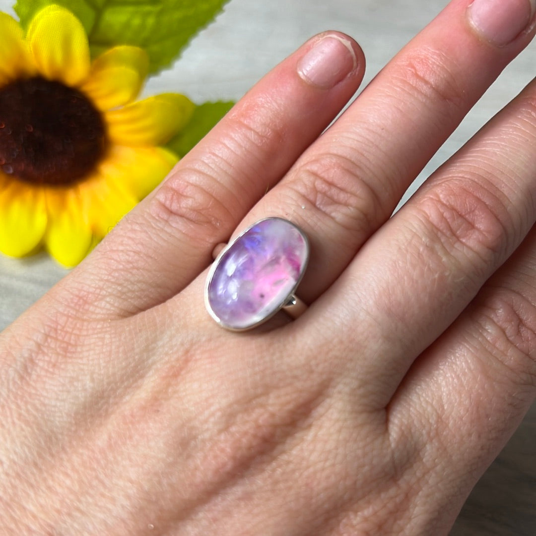 Pink Moonstone 925 Silver Ring - Size L 1/2