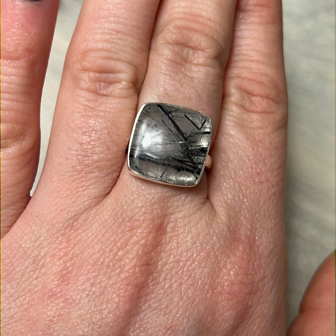 Rutile Tourmaline in Quartz AA GRADE 925 Silver Ring - Size M