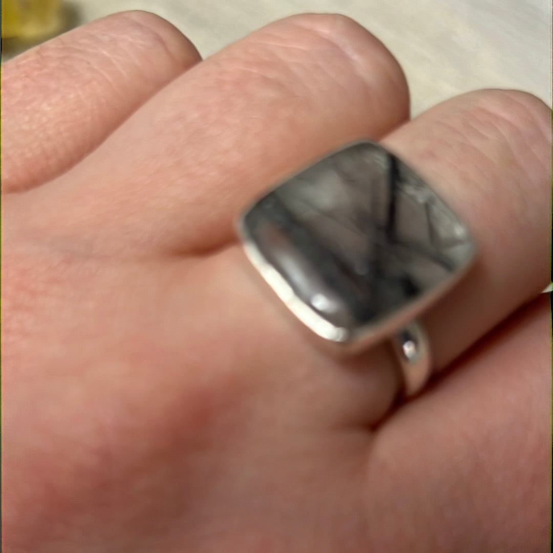Rutile Tourmaline in Quartz AA GRADE 925 Silver Ring - Size M