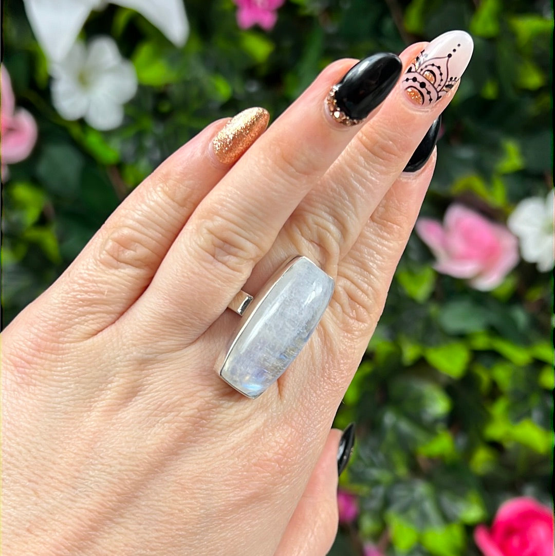 Rainbow Moonstone 925 Silver Ring -  Size T 1/2 - U