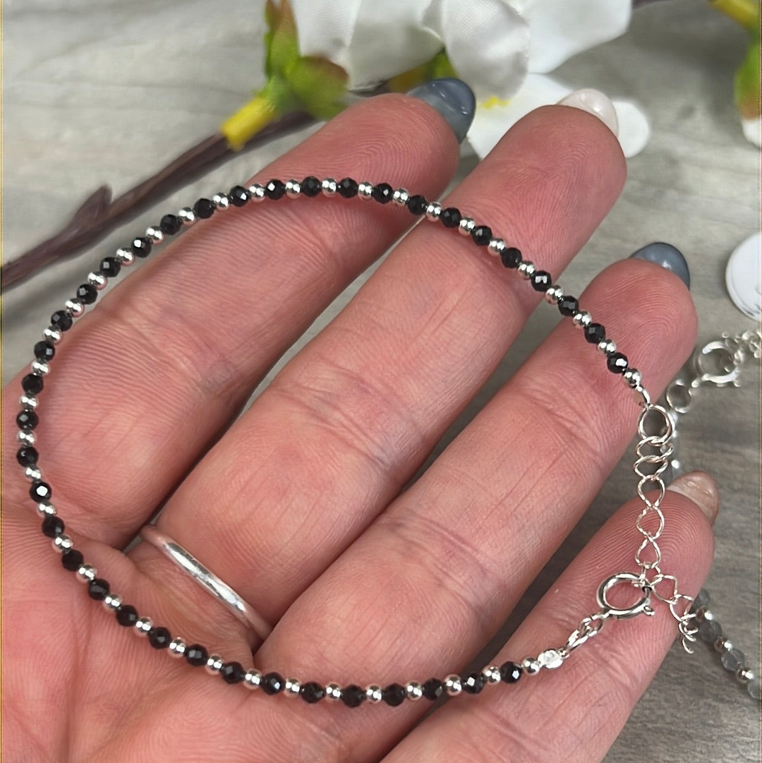 Alternating Crystal & Sterling 925 Silver Bead - Adjustable Bracelet