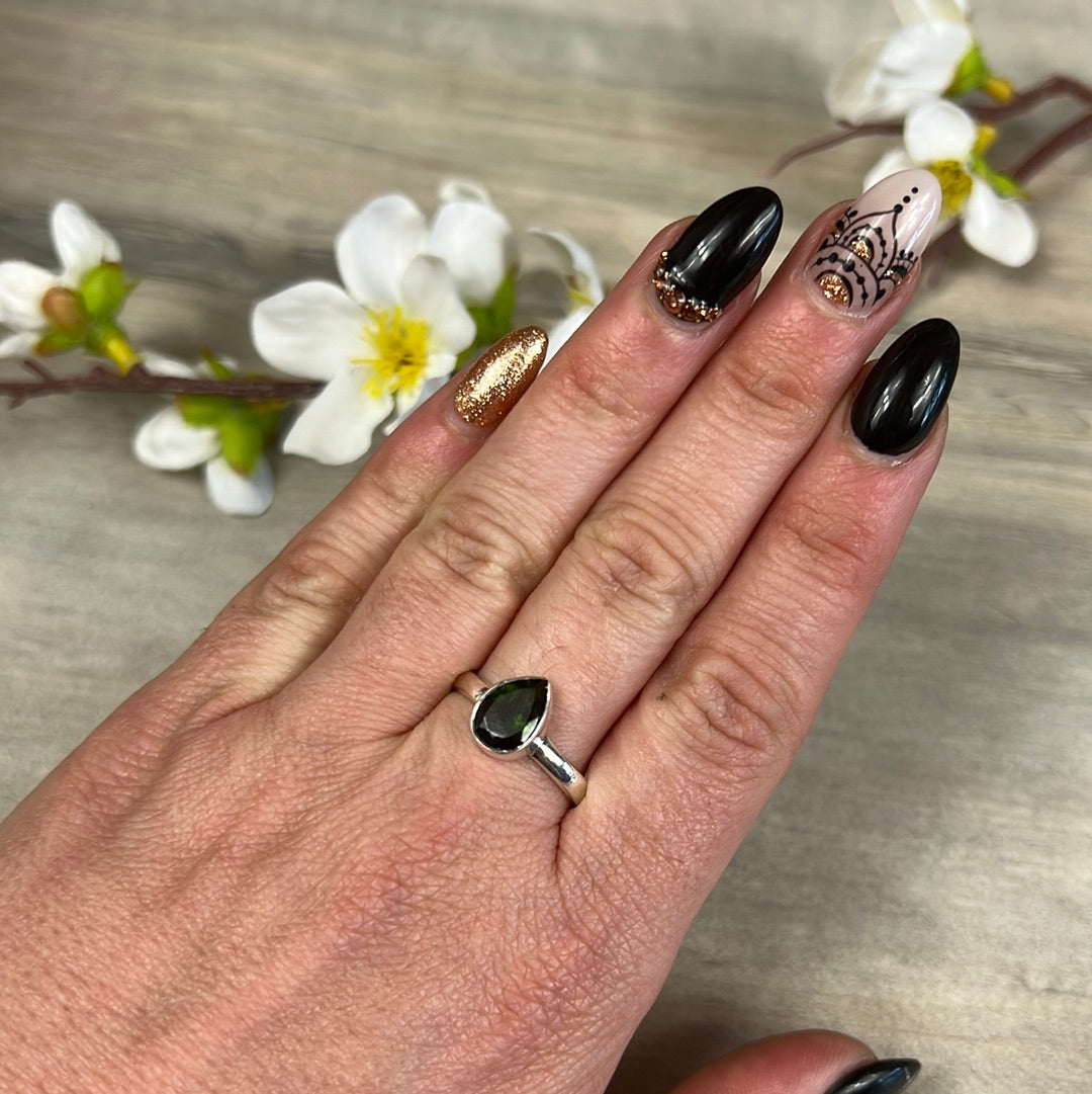 Green Tourmaline 925 Silver Ring - Size S