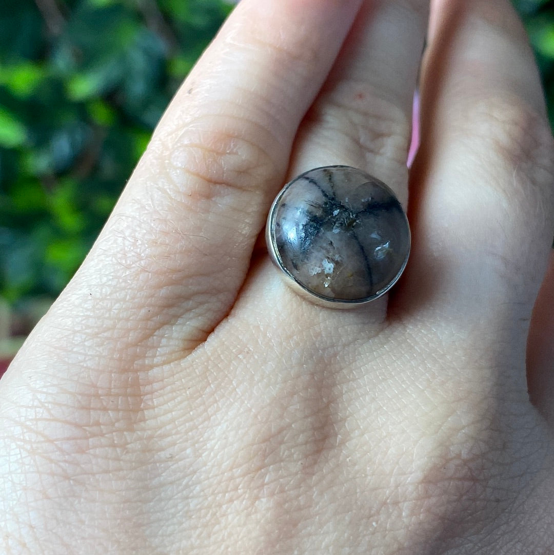 Chiastolite 925 Sterling Silver Ring -  Size L 1/2