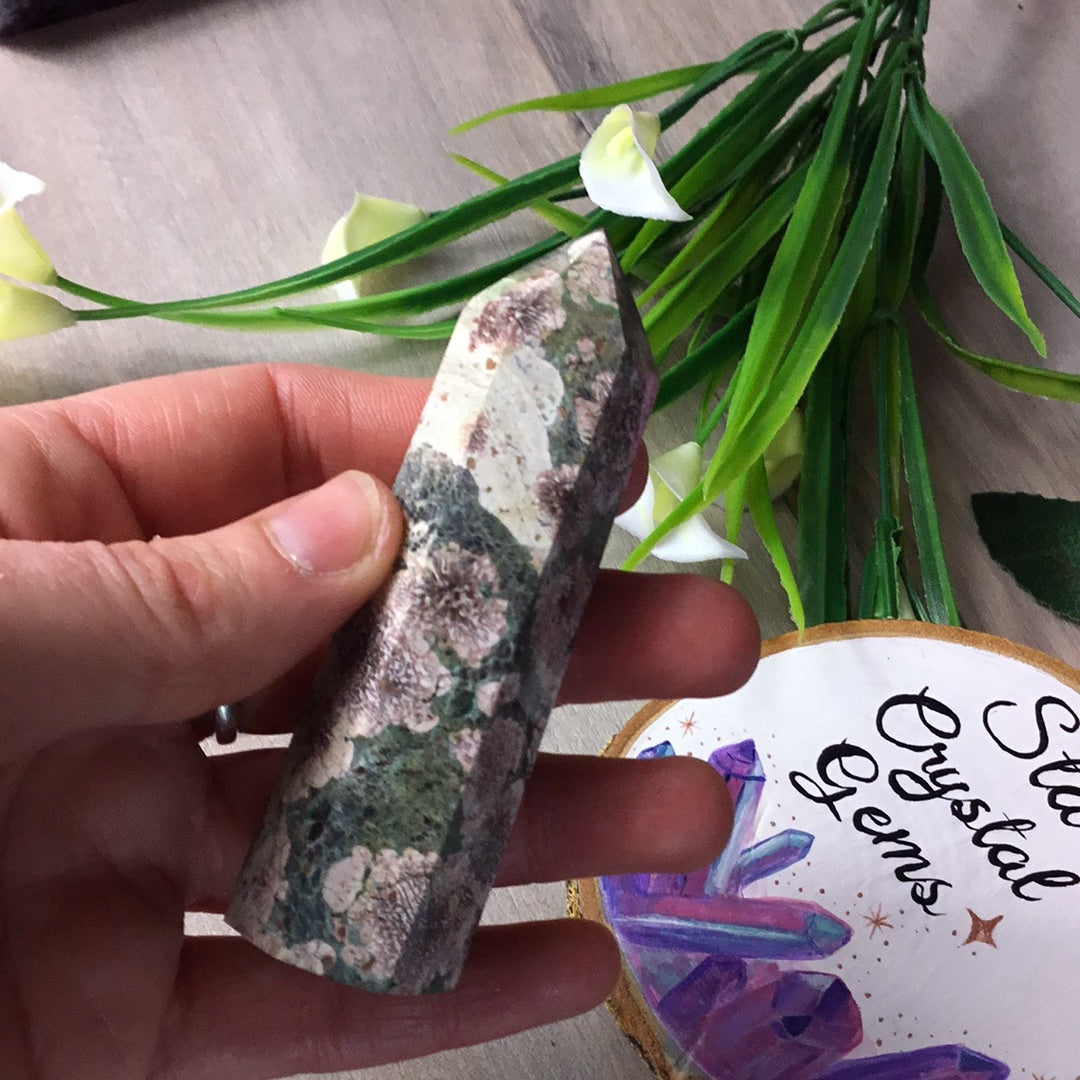 Rhyolite flowers in green African Jasper Tower
