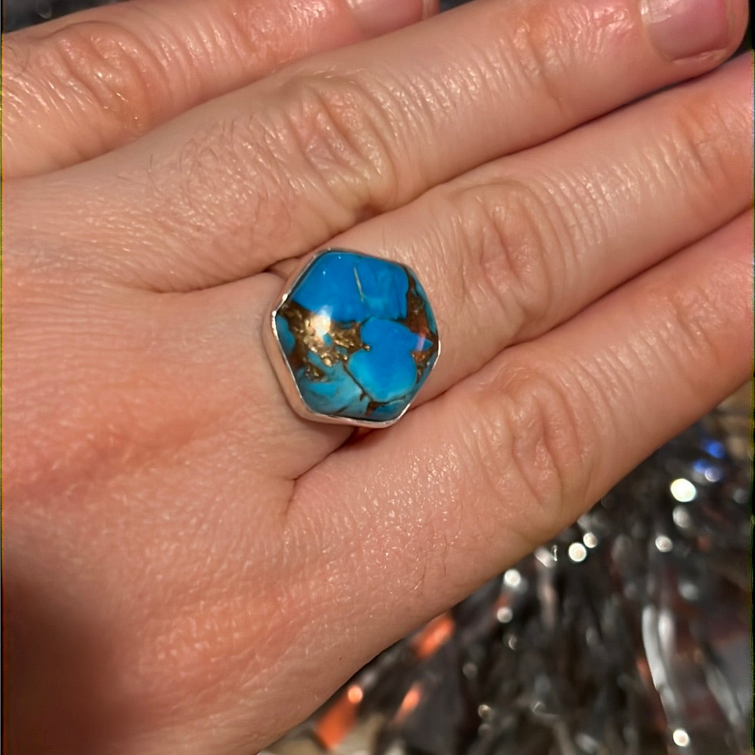 Copper Turquoise 925 Sterling Silver Ring -  Size M - M 1/2